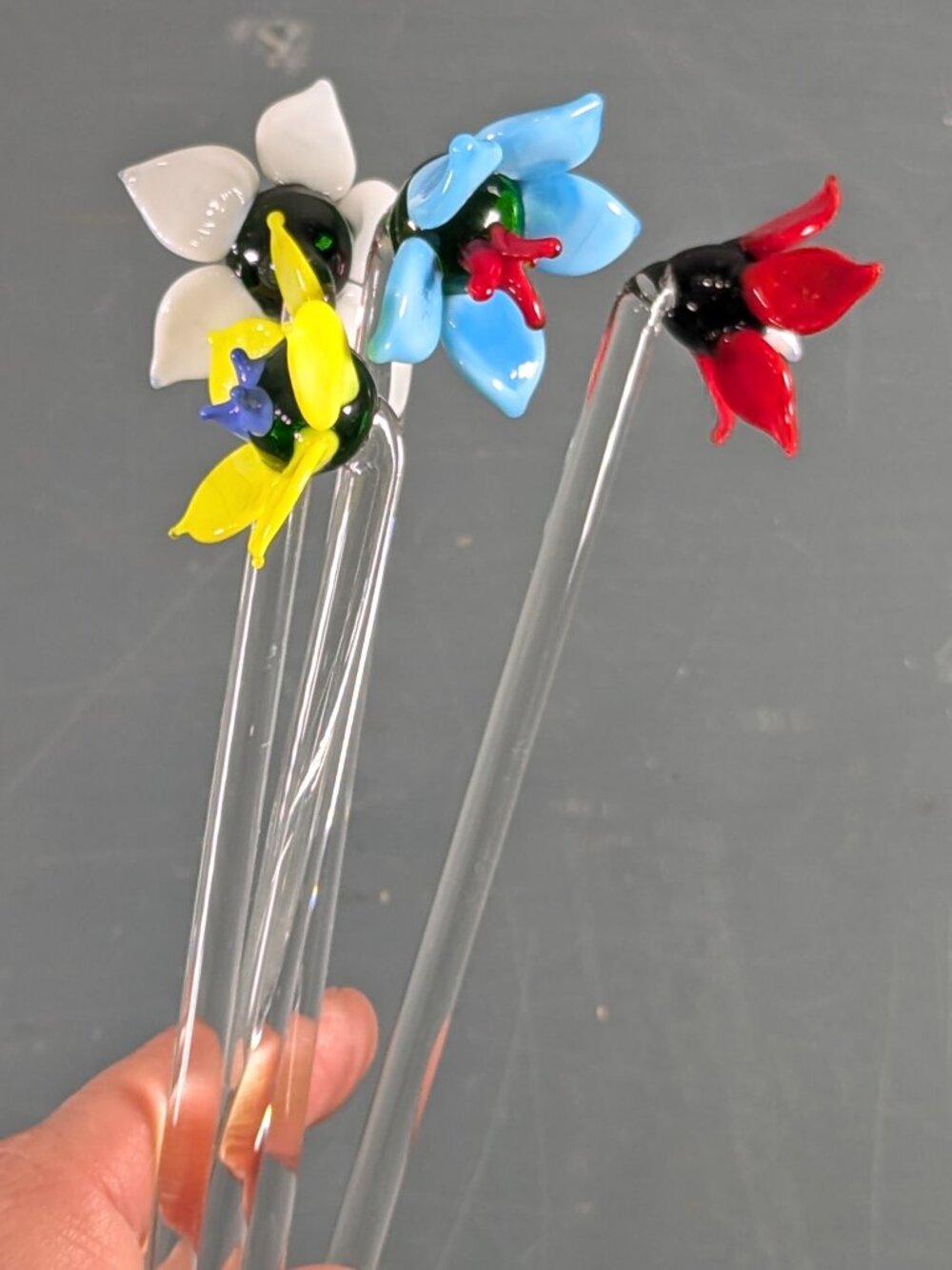 Set of 4 floral glass stirring stick, flower swizzle sticks